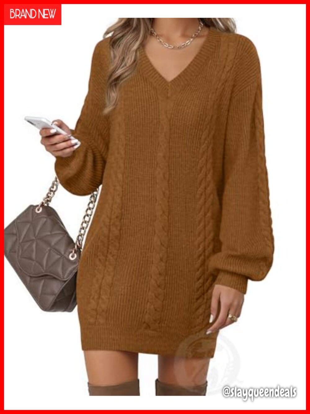 V Neck Lantern Sleeve Knit Mini Sweater Dress